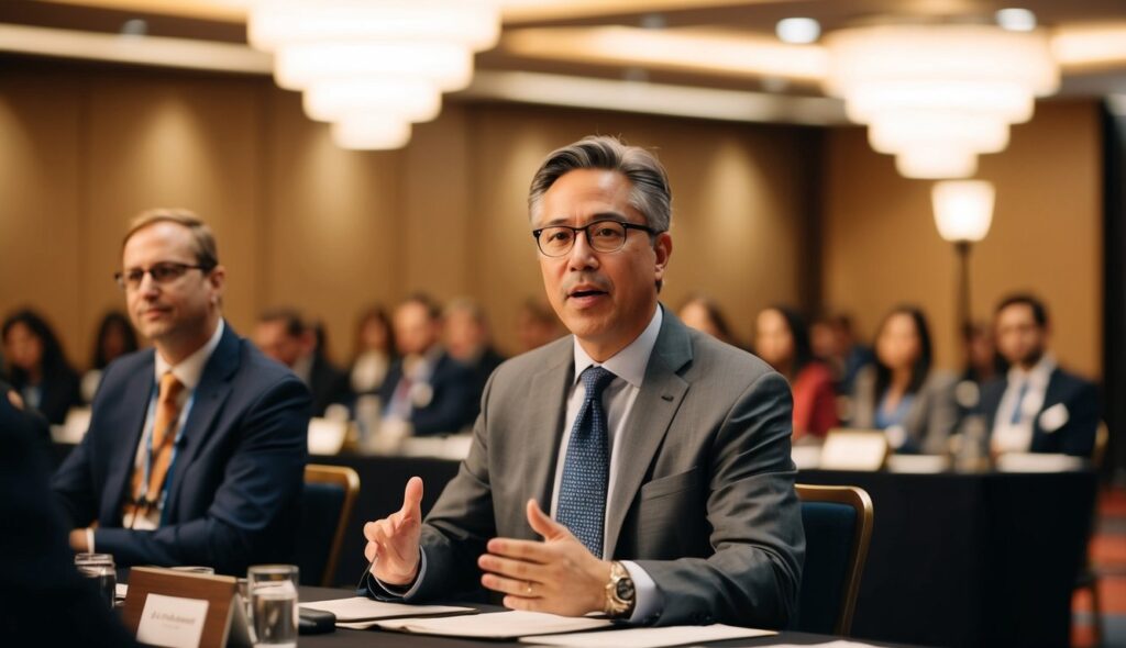 Le leader du mentorat se tient à l'avant de la salle de conférence lumineuse, s'adressant à l'auditoire enthousiaste.