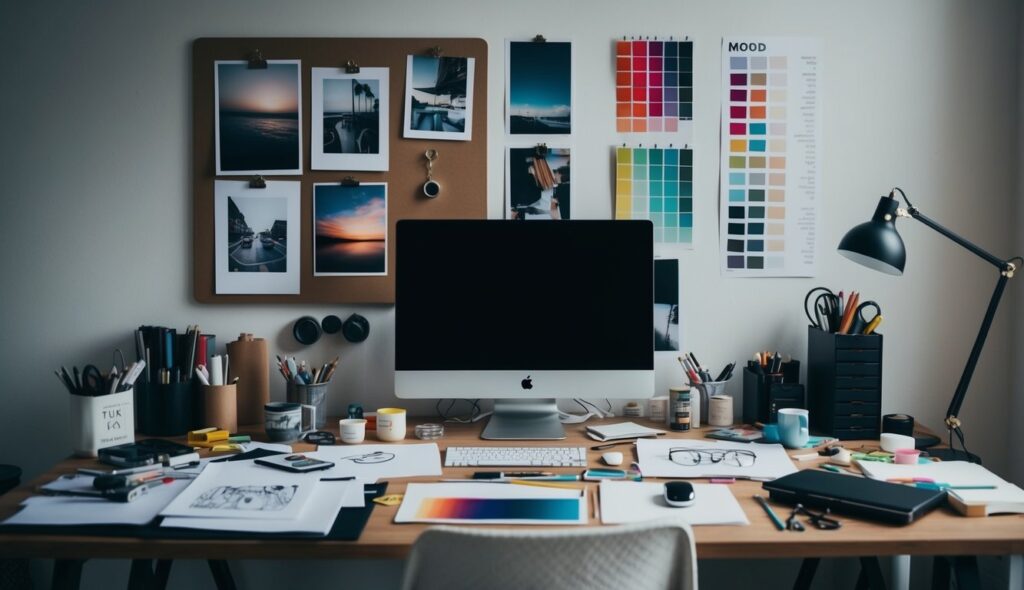 Un bureau encombré avec des fournitures artistiques, des croquis et un ordinateur. Un tableau d'inspiration sur le mur avec des images inspirantes et des échantillons de couleurs.