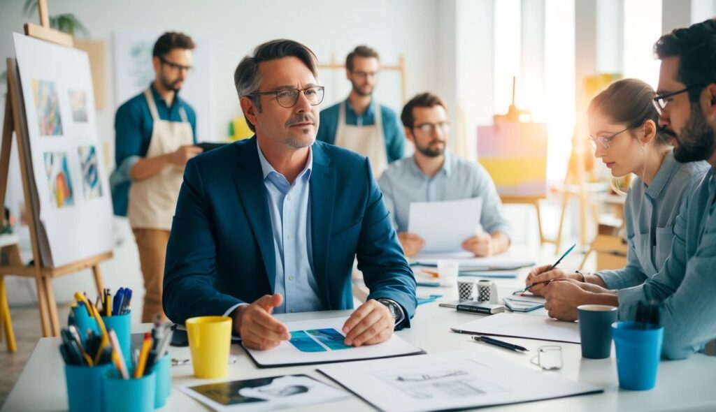 Un directeur assis à un bureau, entouré de fournitures artistiques et de croquis, supervisant une équipe d'artistes au travail dans un studio lumineux et créatif.