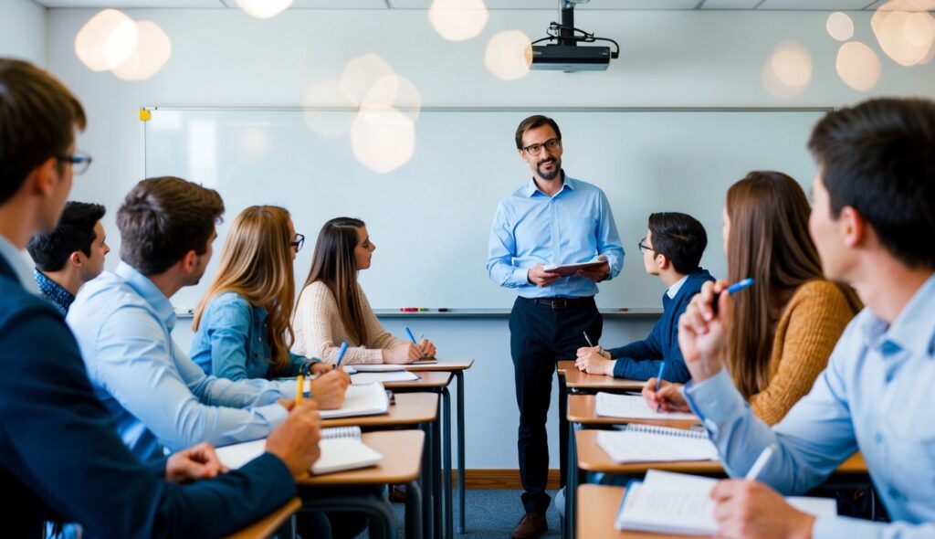 Une salle de classe avec un enseignant debout devant un tableau blanc, entouré d'élèves prenant des notes et participant à une discussion.