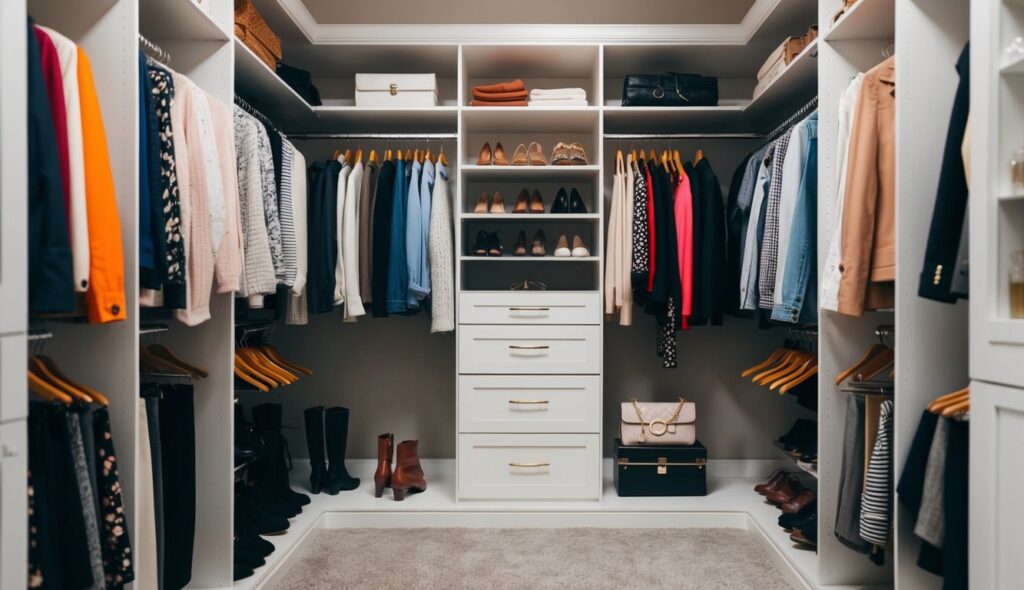 Un placard bien organisé avec des vêtements, des chaussures et des accessoires soigneusement rangés, reflétant un sens du style et une expression personnelle.