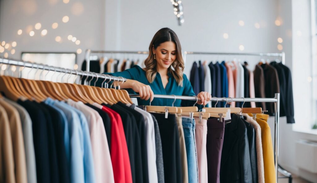 Un styliste sélectionnant et arrangeant des vêtements sur un portant, avec diverses couleurs et styles exposés.