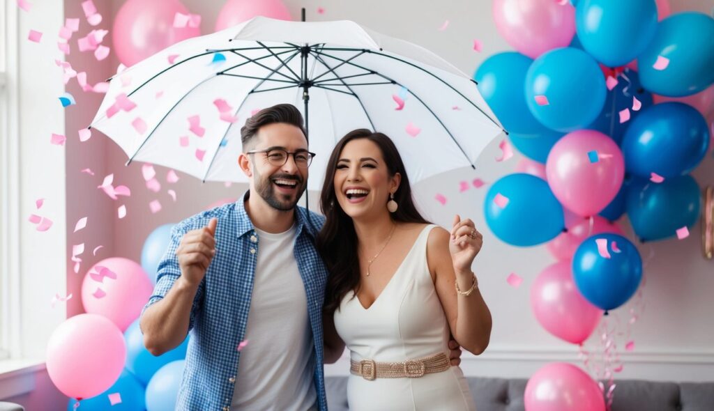 Un couple souriant lors d'une fête de révélation de genre, entouré de confettis bleus et roses, avec des ballons assortis en arrière-plan.