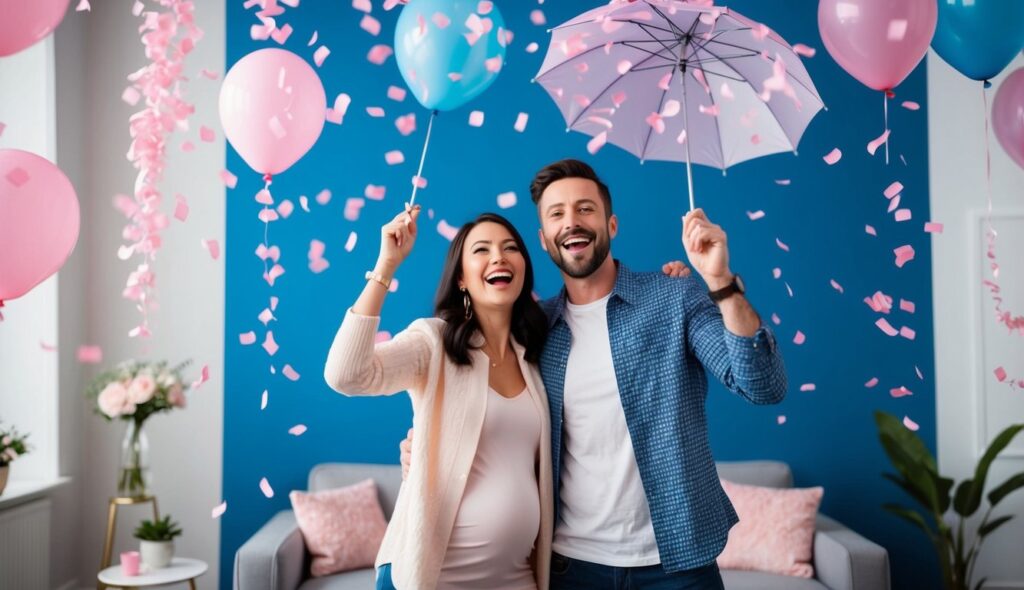 Un couple rayonnant au cœur d'une fête de révélation de genre, enveloppé de confettis bleu et rose, avec des ballons colorés qui décorent l'arrière-plan