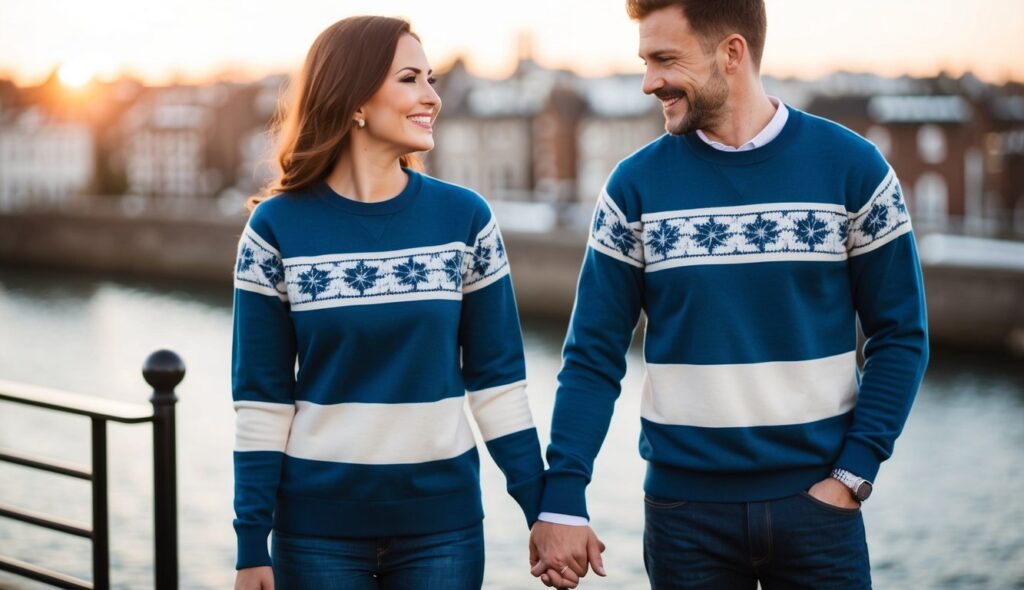 Un couple admire leurs pulls assortis personnalisés, chacun avec leurs prénoms et un design unique, célébrant ainsi leur lien spécial.