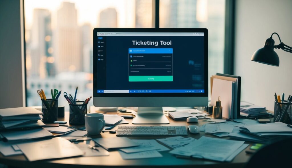 Un bureau encombré avec un écran d'ordinateur affichant une interface d'outil de billetterie, entouré de papiers éparpillés et de fournitures de bureau