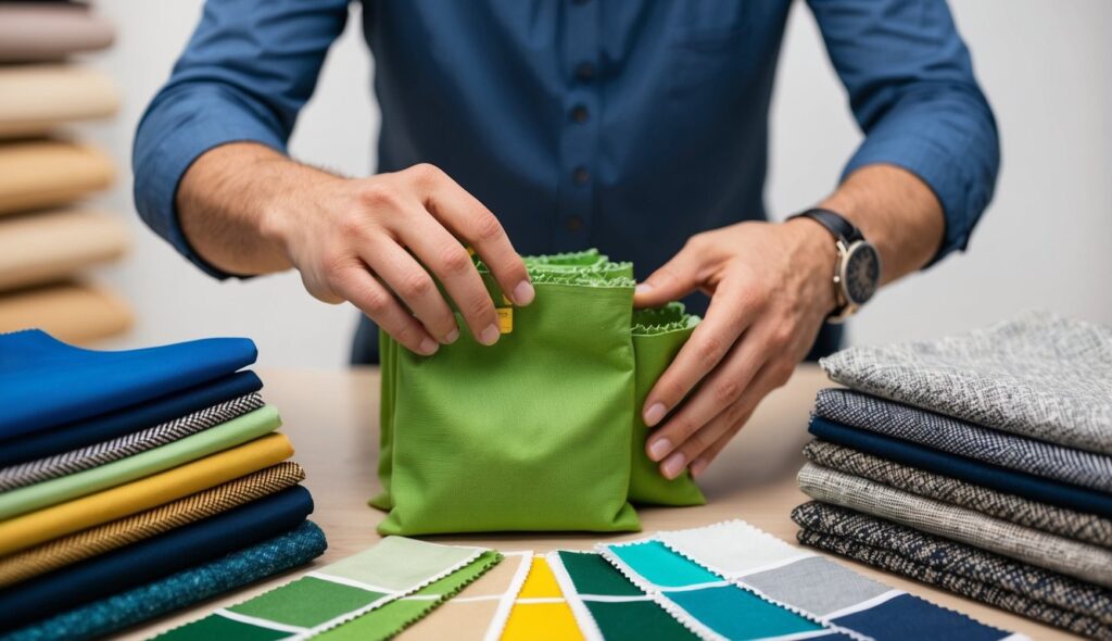 Une personne choisissant du tissu pour des sacs de Cornhole, entourée de différents types d'échantillons de tissu sur une table.