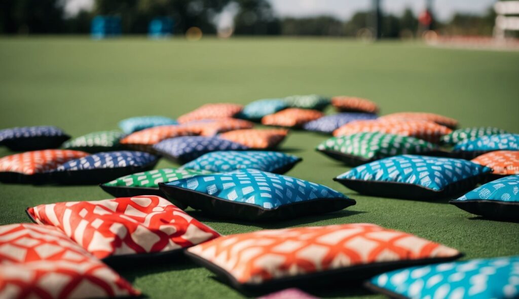 Sacs de cornhole de différentes couleurs et motifs sont éparpillés sur une surface verte en plein air.