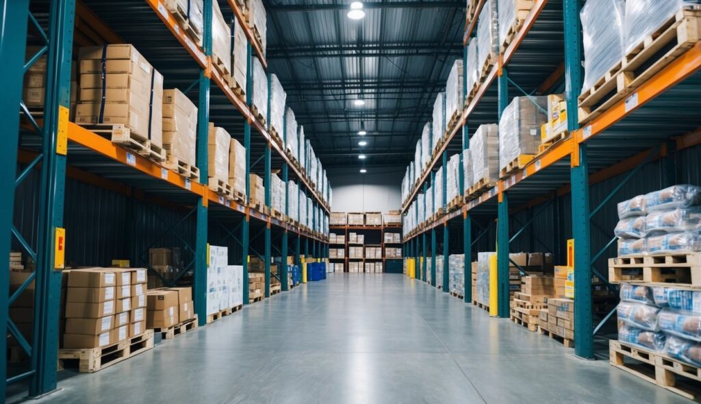 Un entrepôt avec des rangées de solides racks à palettes en métal, soigneusement organisés et remplis de divers palettes de marchandises.