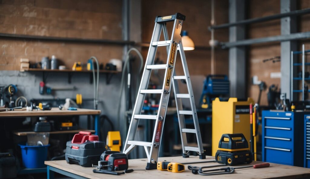 Une échelle professionnelle dans un atelier avec des outils et de l'équipement autour.