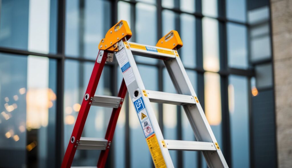 Une échelle professionnelle avec plusieurs marches, une construction robuste et des caractéristiques de sécurité.