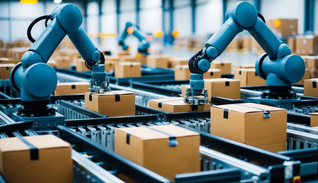 Un entrepôt automatisé avec des bras robotiques et des convoyeurs triant et déplaçant des colis dans une opération logistique moderne et high-tech.