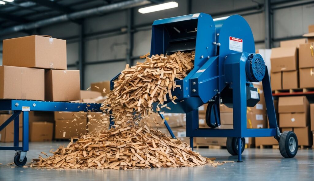 Un déchiqueteur de carton dans un entrepôt, avec un convoyeur alimentant des boîtes dans la machine, et du carton déchiqueté débordant dans un bac de collecte.