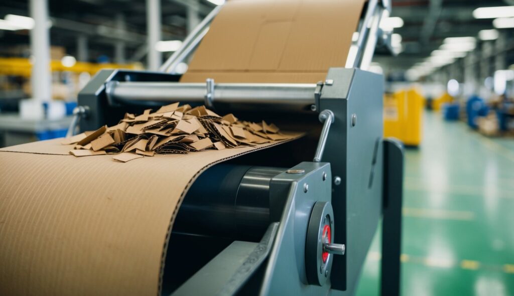 Un déchiqueteur de carton dans une usine, avec du carton alimenté dans la machine et déchiqueté en petits morceaux.