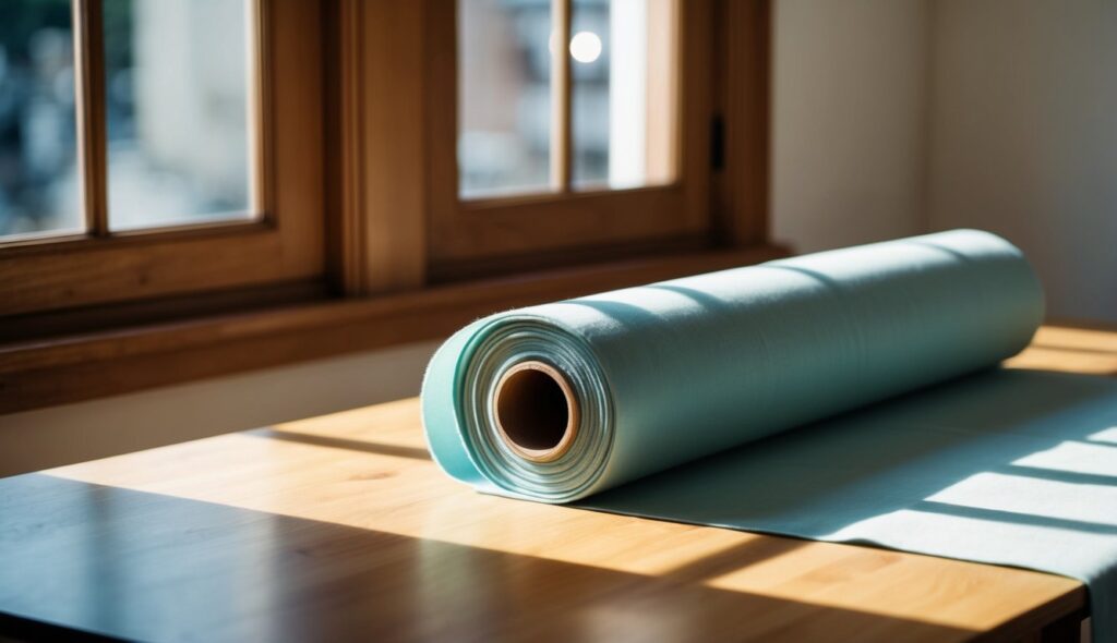 Un rouleau de tissu en lyocell posé sur une table en bois, avec la lumière naturelle entrant par une fenêtre voisine, projetant des ombres douces sur le matériau.