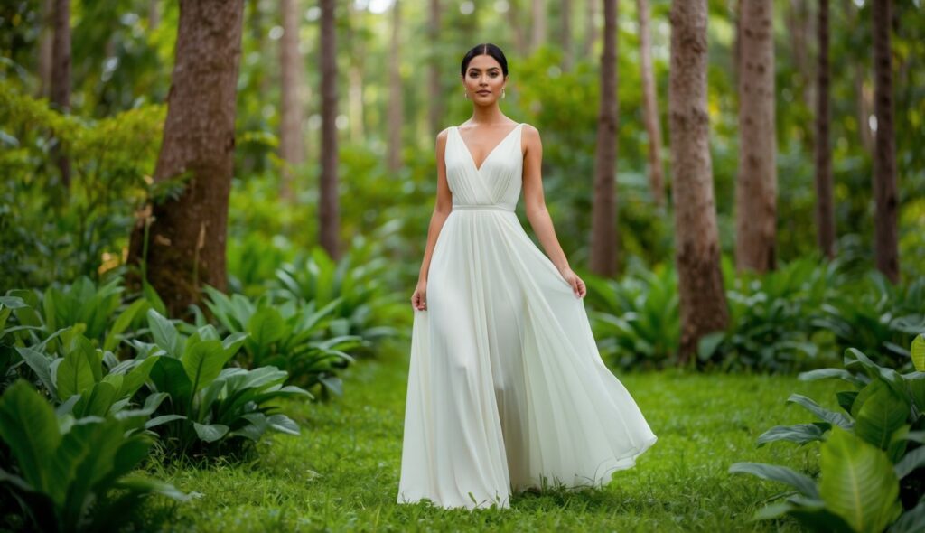 Une femme portant une robe fluide et élégante en lyocell se tient dans une forêt luxuriante et durable, entourée de verdure vibrante et de faune.