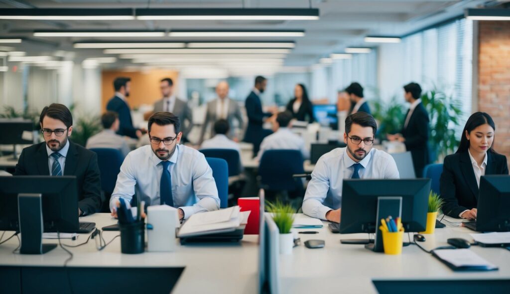 Un bureau animé avec des matériaux et des informations circulant entre les départements et les employés.