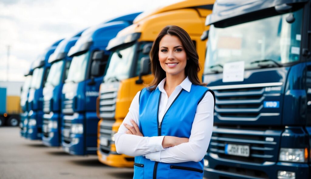 Femme confiante en gilet bleu, debout parmi les camions, les bras croisés, souriante. Présence professionnelle et forte dans une cour de transport.