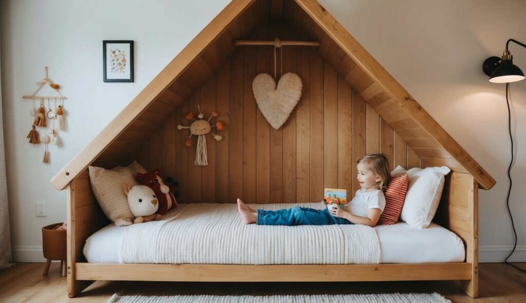 Le lit cabane confortable offre un espace sûr et imaginatif pour les enfants, favorisant le confort et la créativité.