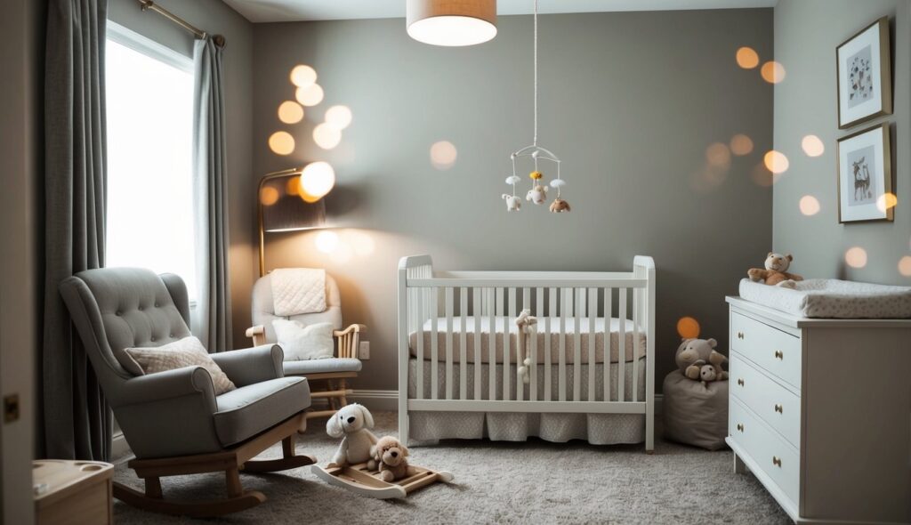 Une nursery confortable avec un berceau, un fauteuil à bascule et des jouets en peluche. Un mobile pend au-dessus du berceau, et une lumière douce éclaire la pièce.