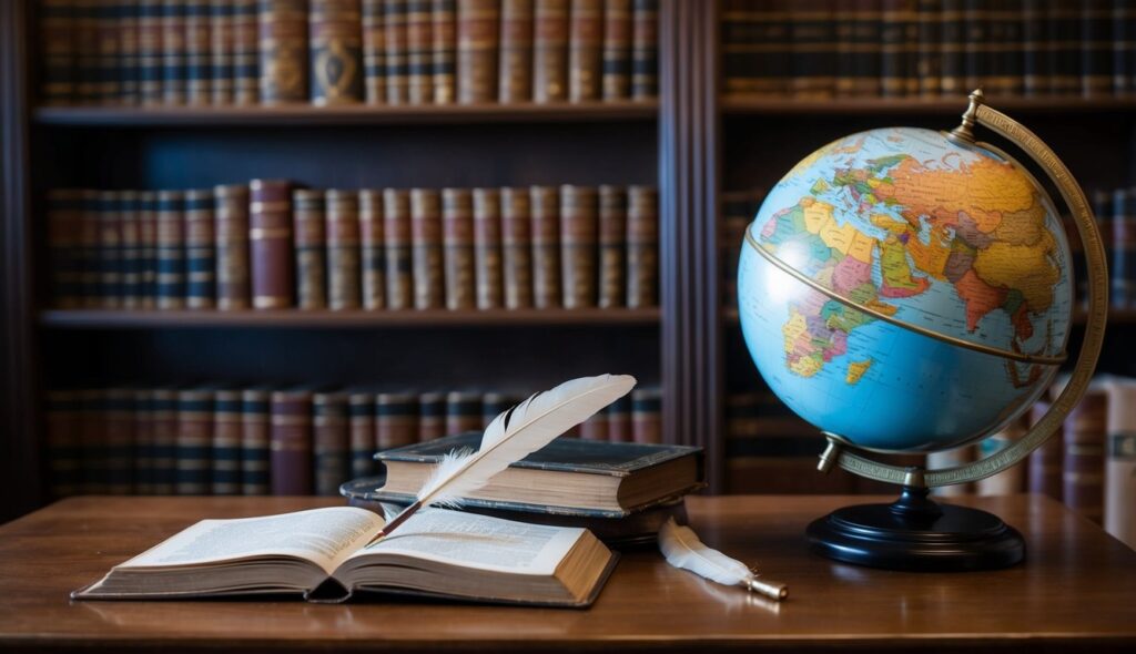 Une bibliothèque confortable avec des livres anciens, un bureau en bois et une plume. Un globe repose sur une étagère, entouré d'art classique et de textes philosophiques.