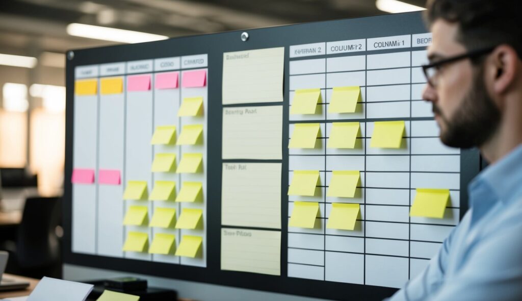 Un tableau Kanban avec des colonnes étiquetées, des notes autocollantes et des cartes dans un environnement de travail