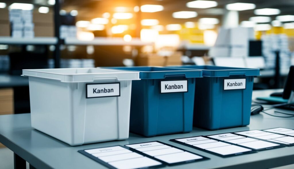 Un espace de travail soigneusement organisé avec des bacs et des cartes étiquetés pour la méthodologie Kanban