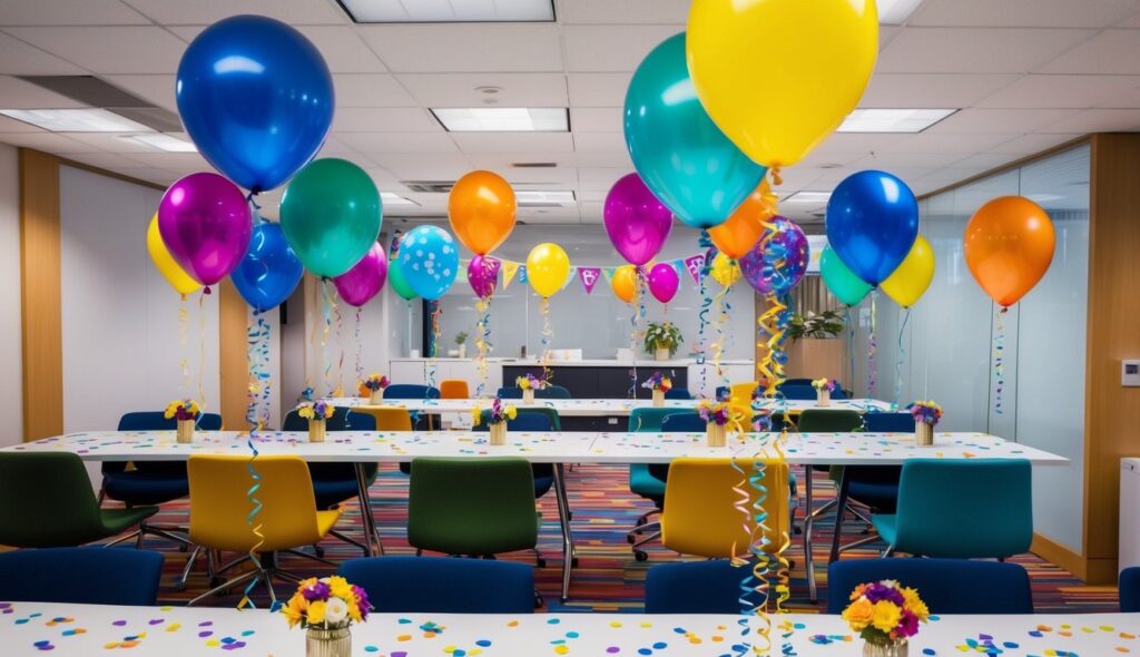 Des ballons colorés, des serpentins et des confettis décorent un espace de bureau festif pour une célébration d'anniversaire d'entreprise. Les tables sont ornées de centres de table et des banderoles pendent des murs.