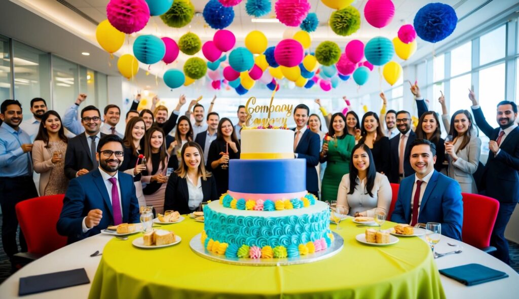 Un espace de bureau festif avec des décorations colorées, un grand gâteau et des employés rassemblés pour célébrer l'anniversaire de l'entreprise.