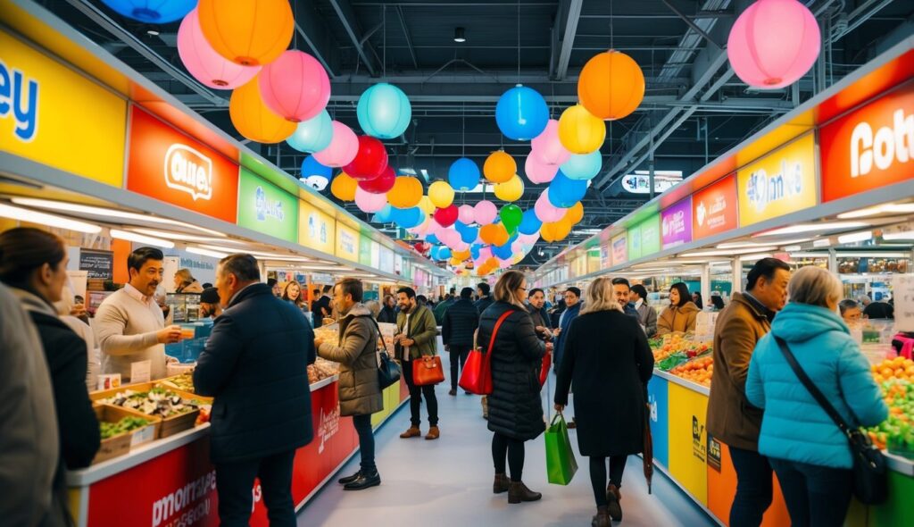 Un marché animé avec des étals colorés et des interactions vivantes entre les vendeurs et les clients