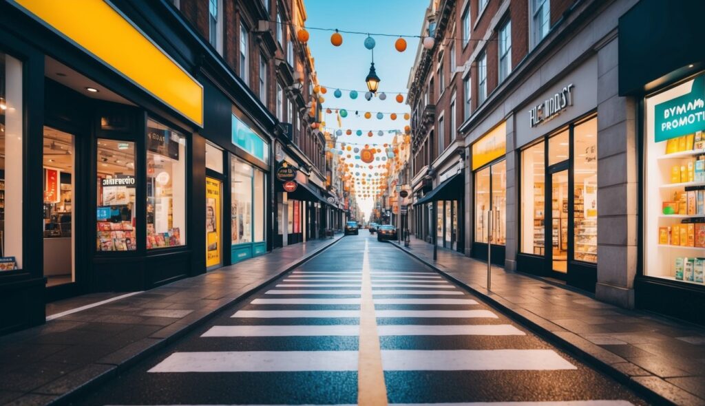 Une rue animée de la ville avec des vitrines animées et des promotions en plein air dynamiques