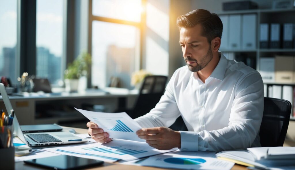 Un homme d'affaires concentré analyse des rapports marketing dans un bureau encombré et baigné de lumière. Les rayons de soleil traversent la pièce, créant une atmosphère sérieuse.