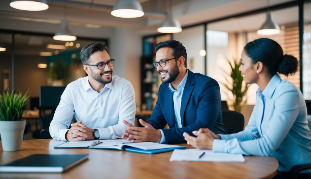 Deux professionnels discutent de stratégies marketing dans un cadre de bureau animé.