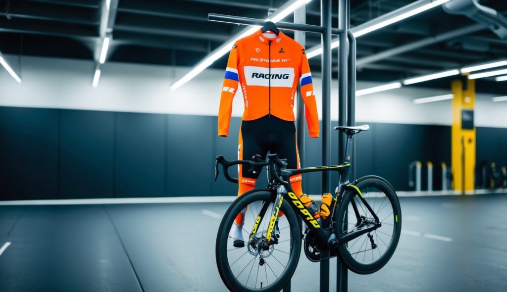 Un costume de course de cycliste professionnel suspendu à un support à vélos moderne et élégant dans une installation d'entraînement high-tech faiblement éclairée