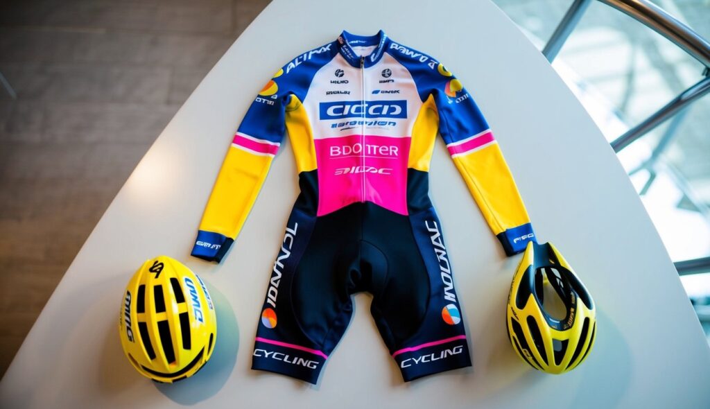 Un costume de course de cycliste professionnel avec un design aérodynamique et des logos de sponsors, étalé sur une surface propre et moderne.