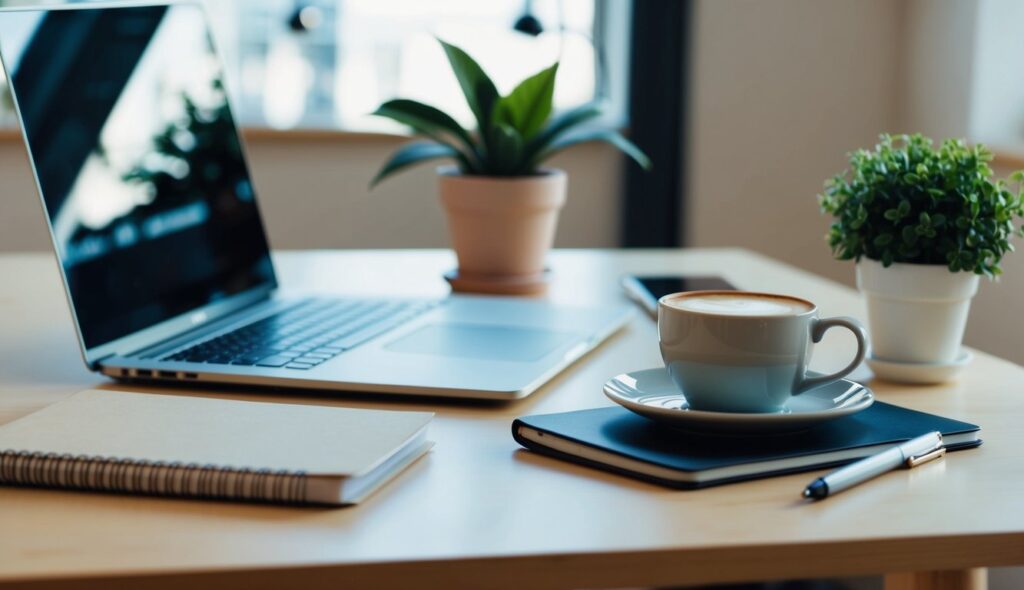 Un bureau propre et organisé avec un ordinateur portable, un carnet et un stylo. Une tasse de café et une plante en pot ajoutent une touche de chaleur à la scène.