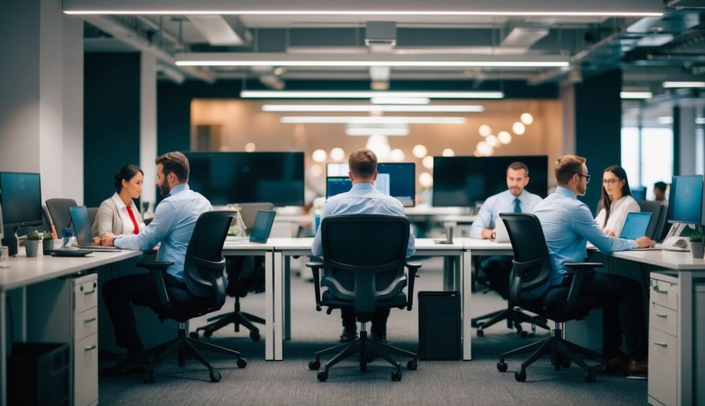 Des employés sont assis à des bureaux dans un bureau ouvert, la hiérarchie étant évidente dans l'agencement et la disposition.