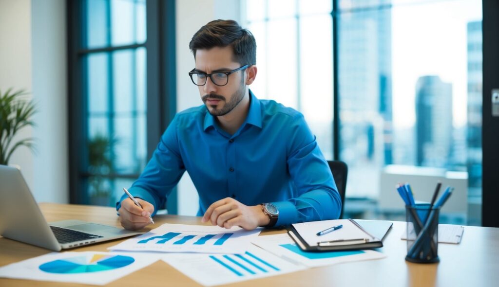 Une personne en marketing analyse une situation, avec des graphiques, des tableaux et des notes éparpillés sur un bureau.