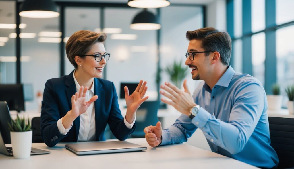 Deux personnes discutent avec animation dans un bureau moderne, gesticulant et échangeant des idées.