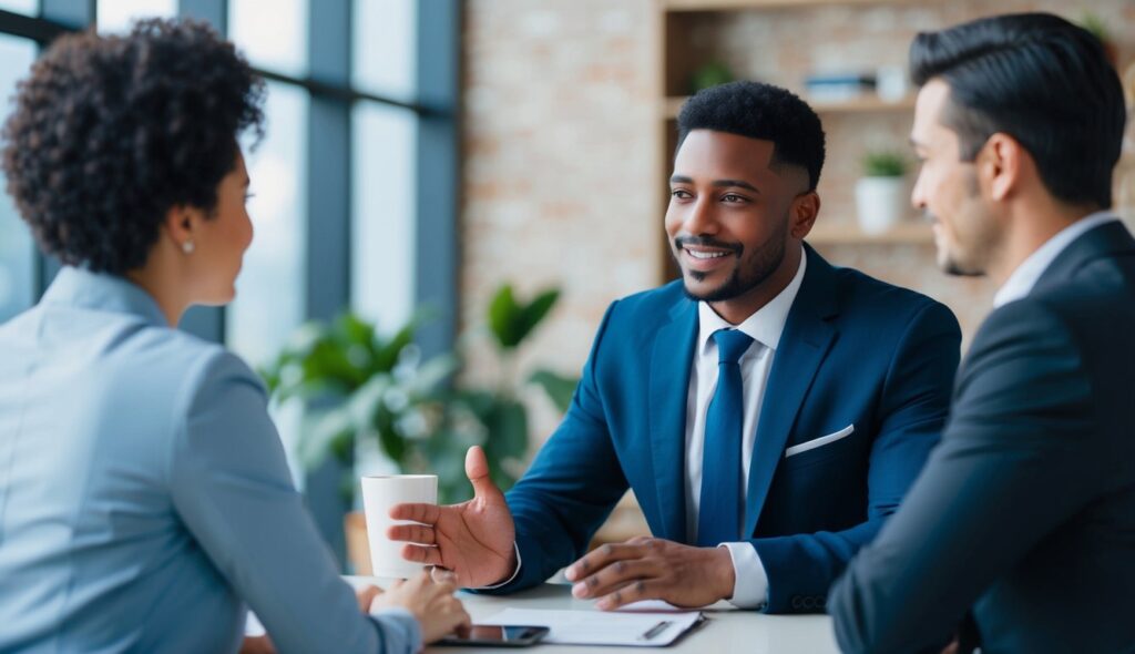 Un vendeur confiant engageant avec un client, faisant preuve d'empathie et d'expertise dans son produit, établissant la confiance par une écoute attentive et une communication claire.