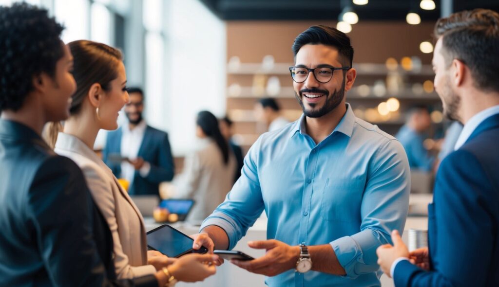 Un vendeur confiant interagissant avec les clients, faisant preuve de connaissances sur les produits et affichant d'excellentes compétences en communication.