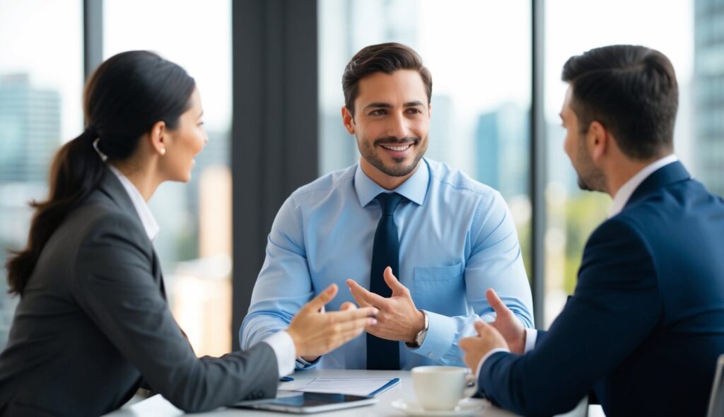 Un vendeur confiant interagit avec un client, utilisant un langage corporel et des gestes persuasifs pour transmettre confiance et expertise.