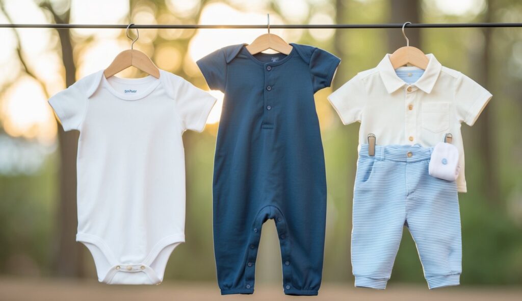 Un vêtement pour bébé se transformant d'un body en combinaison, puis en pantalon et en chemise, mettant en valeur la polyvalence des vêtements pour bébés en évolution.