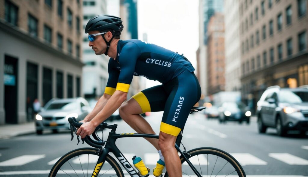 Un cycliste portant une tenue en lycra pédale à travers une rue de la ville, le tissu s'étirant et épousant les mouvements du corps.