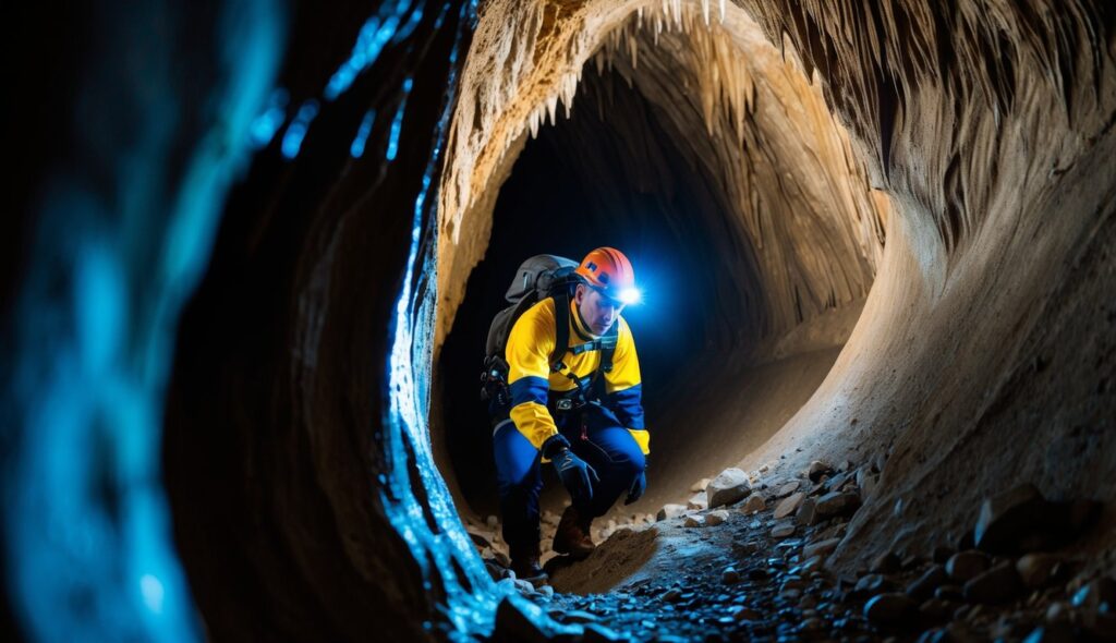 Un spéléologue dans une grotte, portant une combinaison de spéléologie et un casque, naviguant à travers des passages étroits avec une lampe frontale éclairant le chemin