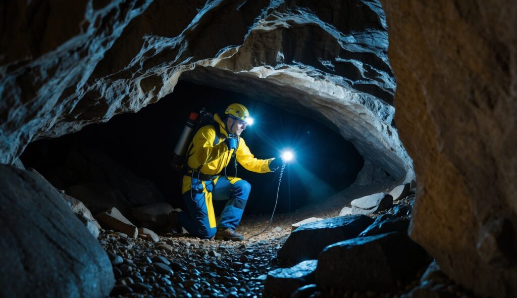 Un spéléologue portant une combinaison de protection explore une grotte sombre et rocheuse avec une lampe frontale éclairant le chemin.