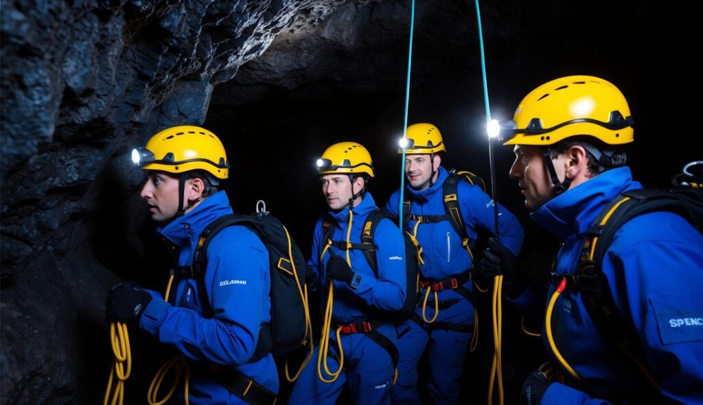 Un groupe de spéléologues portant des casques de protection et des combinaisons de spéléologie robustes explore une grotte sombre et étroite, équipé de cordes et de lampes frontales.