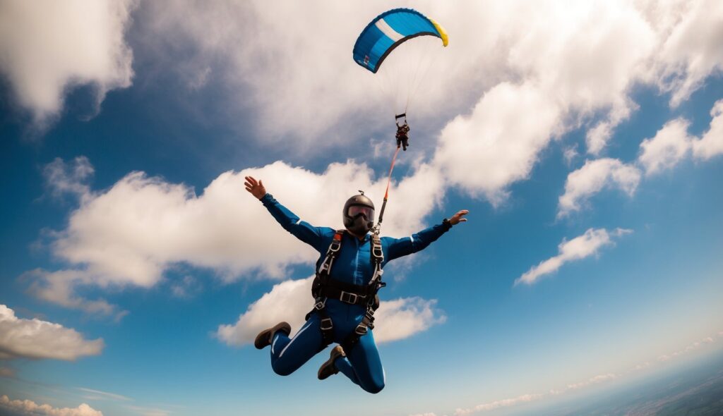 Une silhouette en combinaison de parachutisme tombant librement à travers les nuages avec un parachute qui se déploie au-dessus.