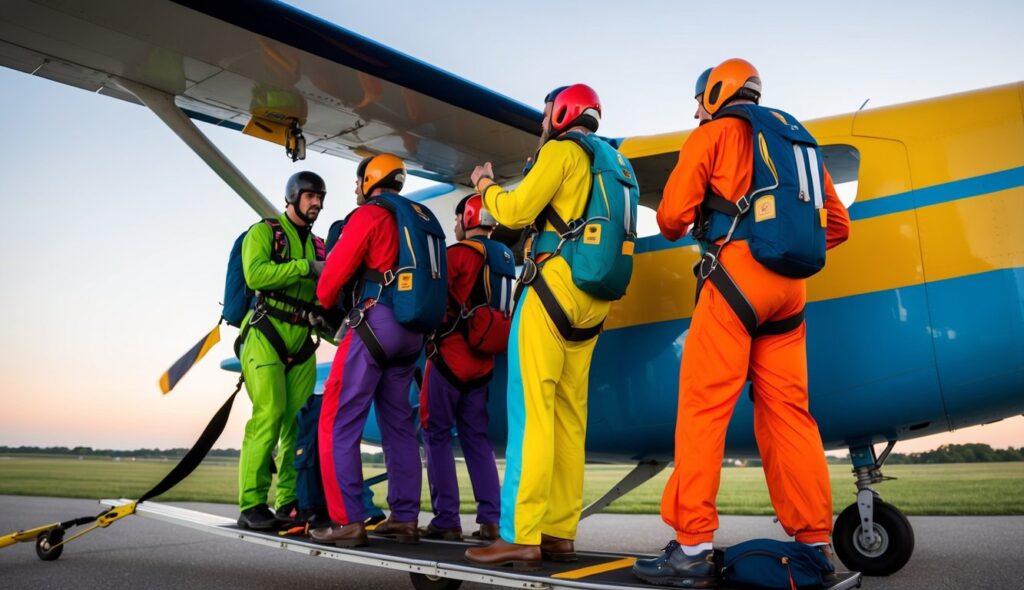 Un groupe de parachutistes en combinaisons colorées se prépare à monter à bord d'un avion, leur équipement soigneusement organisé et prêt pour le saut exaltant à venir.