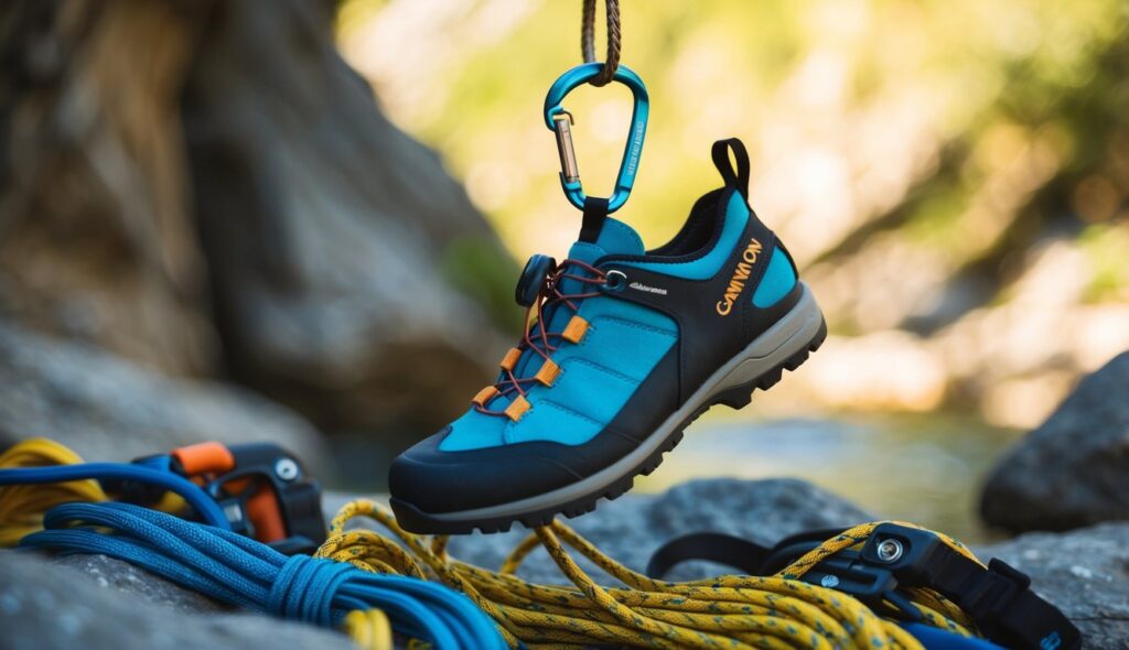 Une paire de chaussures de canyoning suspendue à un mousqueton, entourée de cordes et d'autres équipements